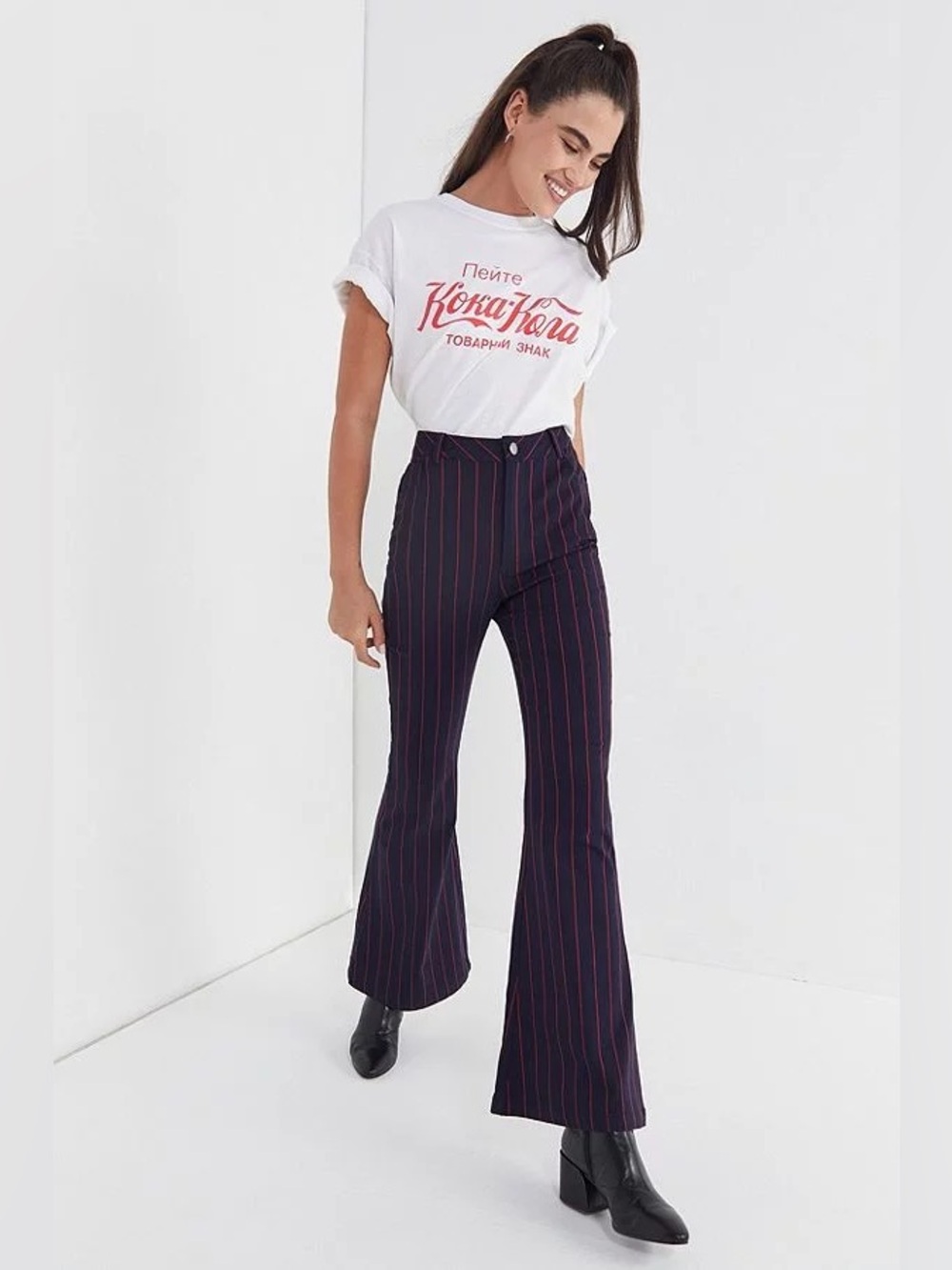 Urban Outfitters Georgia Navy Red Striped High Rise Flare Pants